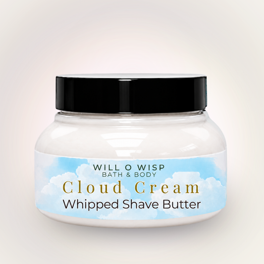 WILL O WISP BATH & BODY Cloud Cream whipped shave butter in a white jar with a blue sky and cloud label design.
