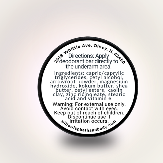 WILL O WISP BATH & BODY deodorant bar label showing ingredients, usage directions, and company contact information.