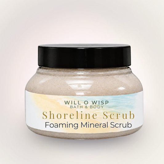 WILL O WISP BATH & BODY Shoreline Scrub foaming mineral body exfoliant in a clear jar with a black lid.