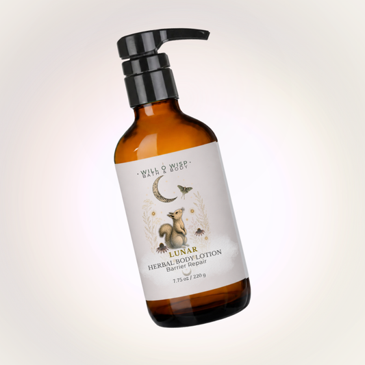 WILL O WISP BATH & BODY Lunar Herbal Body Lotion in an amber glass pump bottle with whimsical squirrel illustration