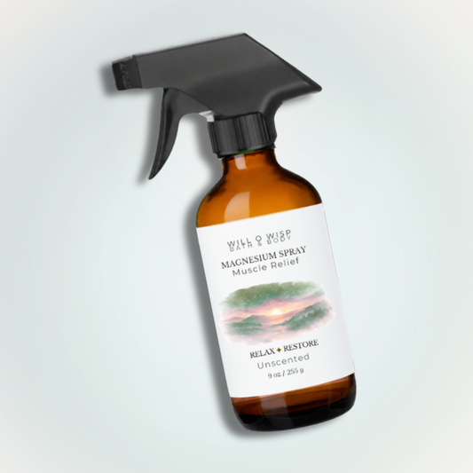 WILL O WISP BATH & BODY magnesium spray in an amber glass bottle with a black trigger sprayer for muscle relief.