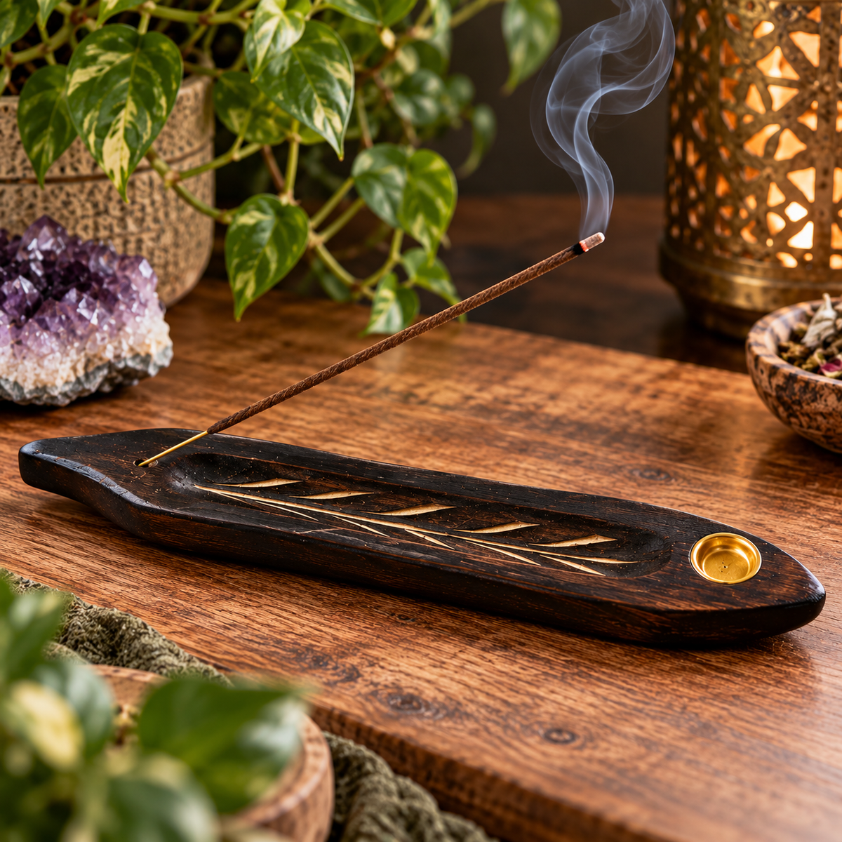 Carved Wood Incense Holder – 10.5"