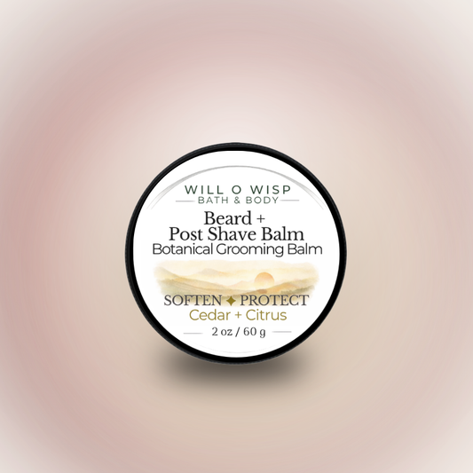 WILL O WISP BATH & BODY Beard + Post Shave Balm in a 2oz round tin with cedar and citrus scent label design.