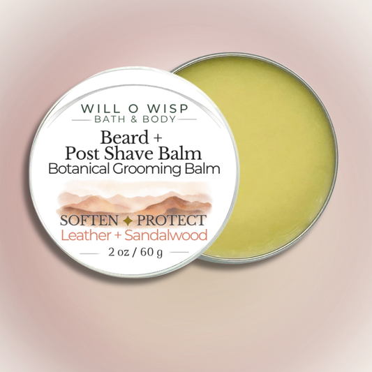 WILL O WISP BATH & BODY Beard + Post Shave Balm in a round tin with a light green botanical grooming wax inside.