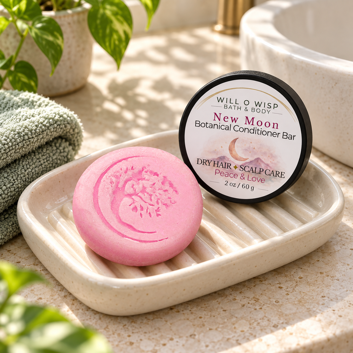 WILL O WISP BATH & BODY New Moon botanical conditioner bar in a ceramic dish with its round product label.