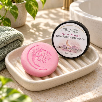 WILL O WISP BATH & BODY New Moon botanical conditioner bar in a ceramic dish with its round product label.