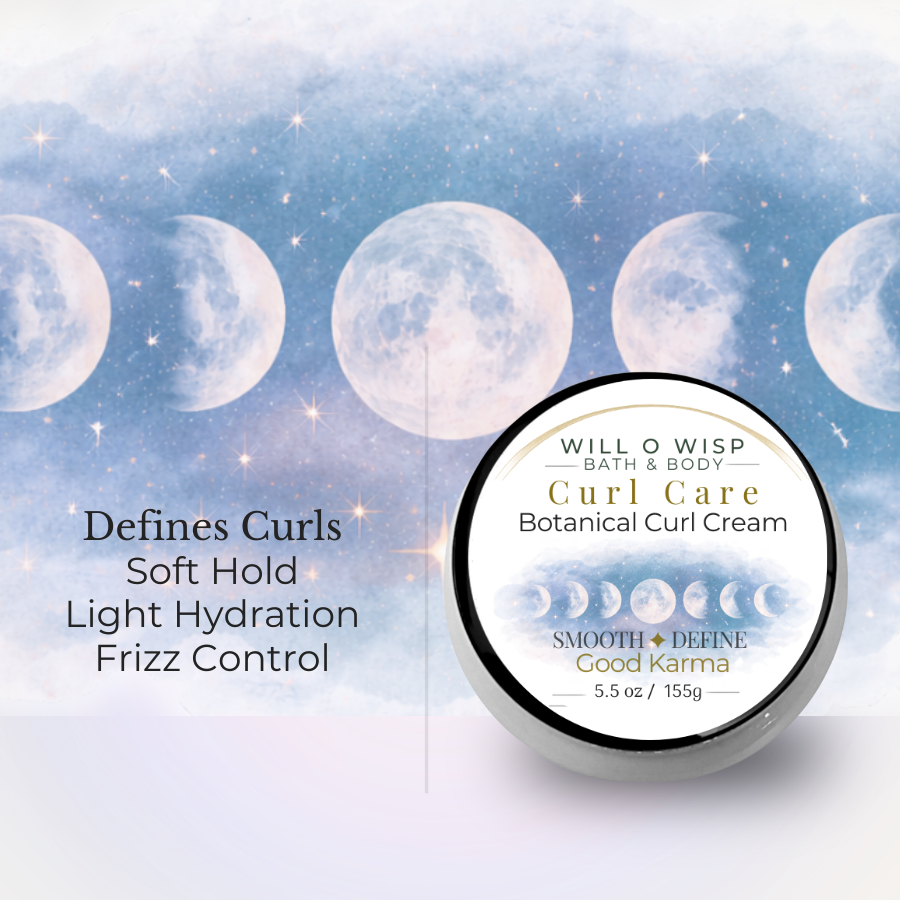 WILL O WISP BATH & BODY Curl Care botanical curl cream in a round jar against a moon phase background.