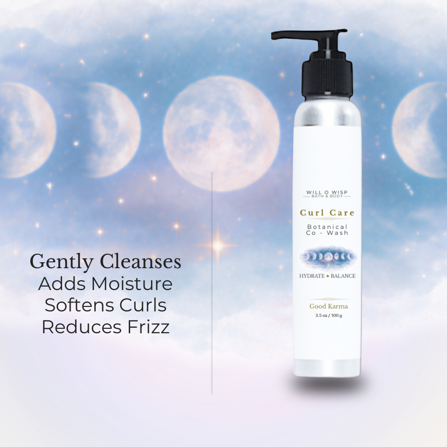 WILL O WISP BATH & BODY Curl Care botanical co-wash in a pump bottle against a dreamy moon phase background.