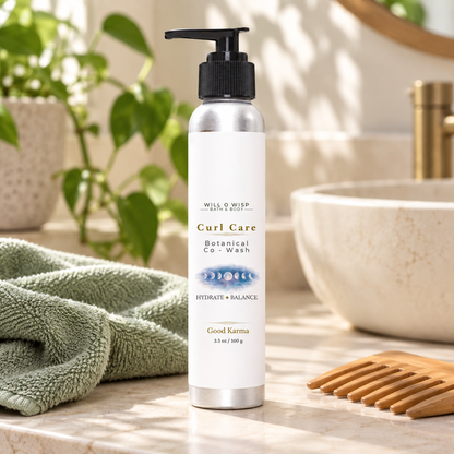 WILL O WISP BATH & BODY Curl Care botanical co-wash in a pump bottle on a bathroom counter with a green towel.