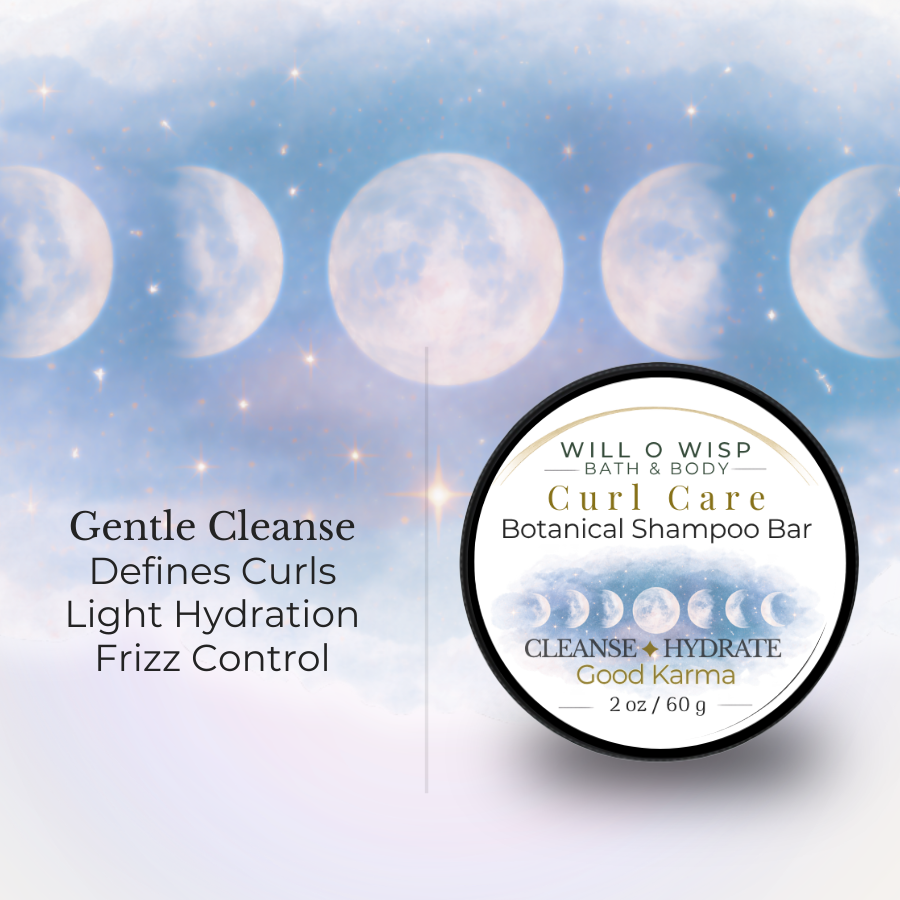 WILL O WISP BATH & BODY Curl Care botanical shampoo bar for defined, hydrated curls with a moon phase label design.