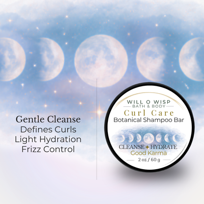 WILL O WISP BATH & BODY Curl Care botanical shampoo bar for defined, hydrated curls with a moon phase label design.