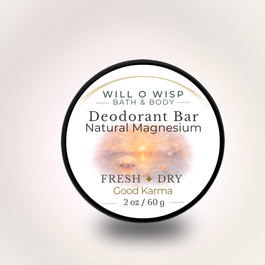WILL O WISP BATH & BODY Good Karma magnesium deodorant bar in a round container with a sunset lotus illustration.