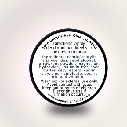WILL O WISP BATH & BODY deodorant bar label showing ingredients, usage directions, and company contact information.