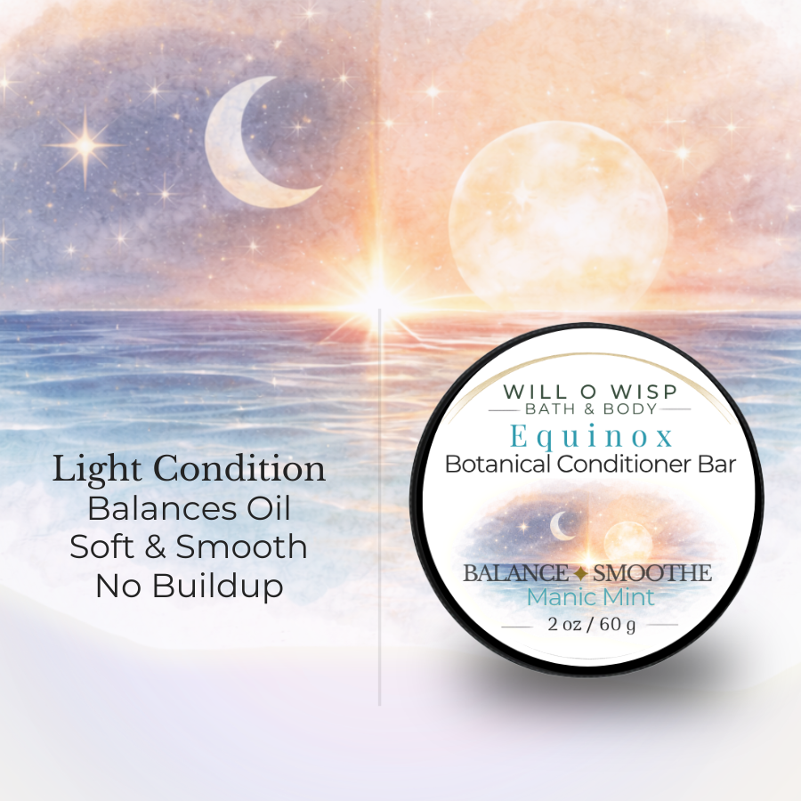 WILL O WISP BATH & BODY Equinox botanical conditioner bar for oily hair, featuring a moonlit ocean background.