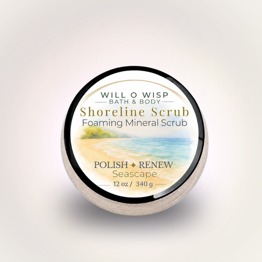 WILL O WISP BATH & BODY Shoreline Scrub foaming mineral body polish in a round jar with a beach-themed label.