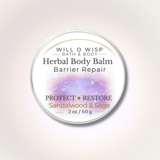 WILL O WISP BATH & BODY Herbal Body Balm in a round tin with a purple nebula label for skin barrier repair.