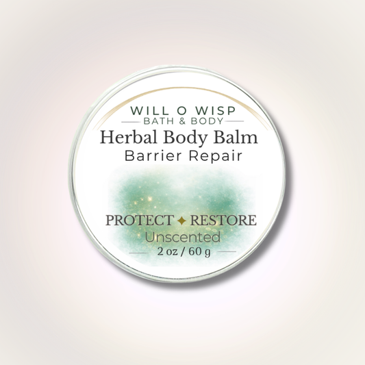 WILL O WISP BATH & BODY Herbal Body Balm in a round tin for barrier repair and deep skin nourishment.