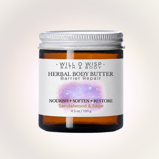 WILL O WISP BATH & BODY Herbal Body Butter in an amber glass jar with a silver lid, featuring sandalwood and sage scent.