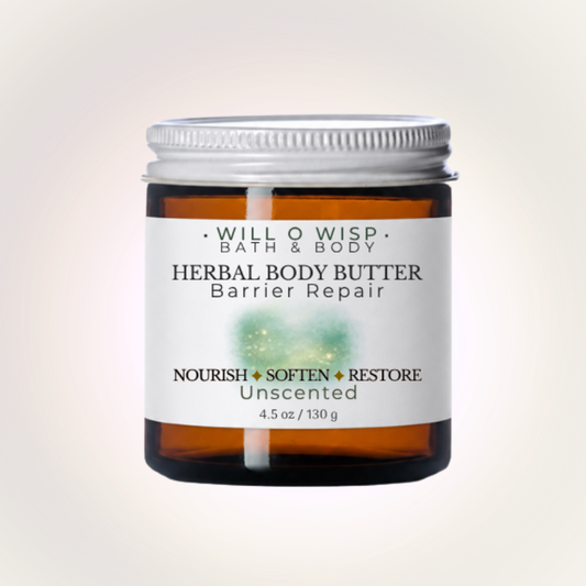 WILL O WISP BATH & BODY Herbal Body Butter in an amber glass jar with a white label for skin barrier repair.