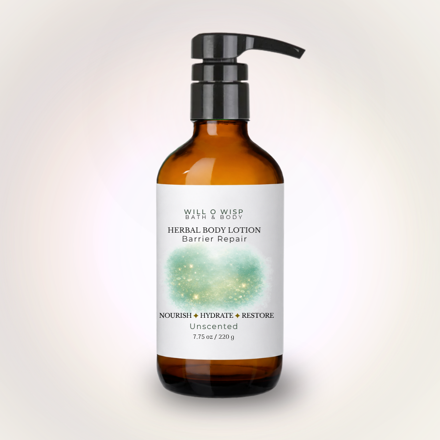 WILL O WISP BATH & BODY herbal body lotion in an amber glass bottle with a black pump dispenser for barrier repair.