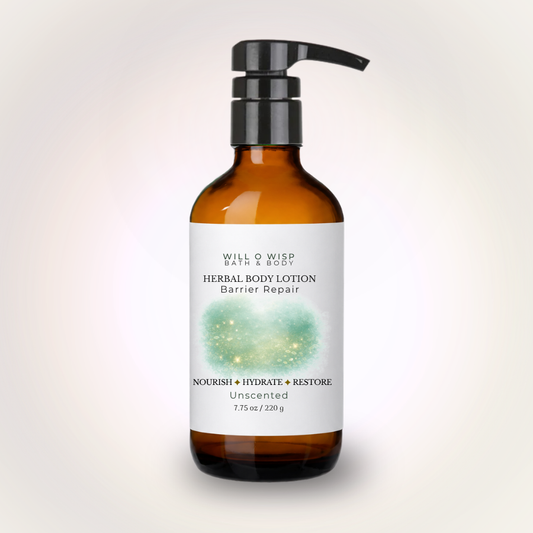 WILL O WISP BATH & BODY herbal body lotion in an amber glass bottle with a black pump dispenser for barrier repair.
