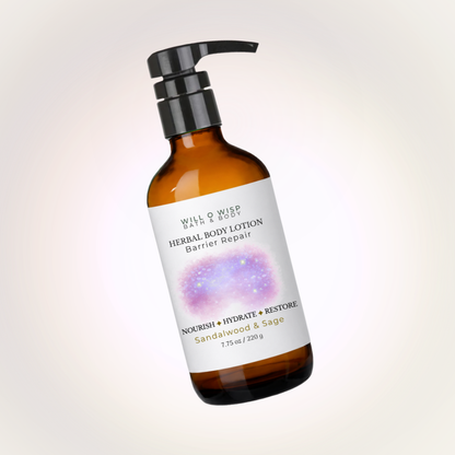 WILL O WISP BATH & BODY herbal body lotion in an amber glass pump bottle for skin hydration and barrier repair.