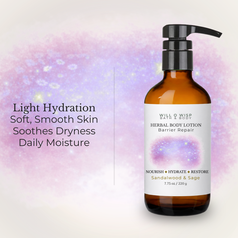 WILL O WISP BATH & BODY herbal body lotion in an amber glass pump bottle for deep skin hydration and barrier repair.