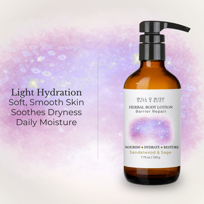 WILL O WISP BATH & BODY herbal body lotion in an amber glass pump bottle for deep skin hydration and barrier repair.