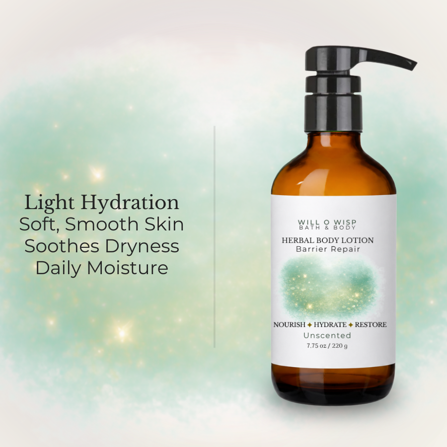 WILL O WISP BATH & BODY herbal body lotion in an amber glass pump bottle for daily skin hydration and barrier repair.