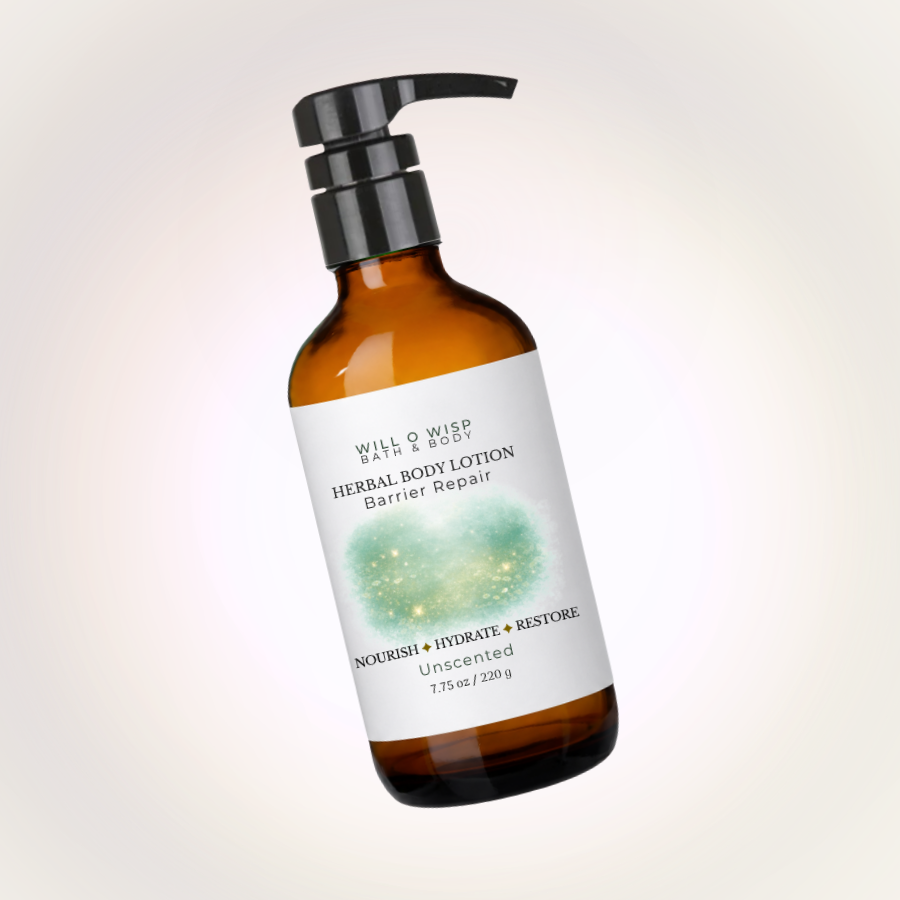 WILL O WISP BATH & BODY herbal body lotion in an amber glass bottle with a black pump dispenser.