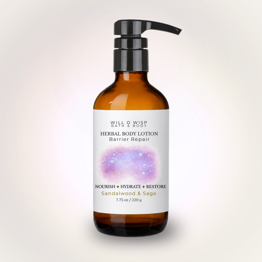 WILL O WISP BATH & BODY herbal body lotion in an amber glass pump bottle for barrier repair and deep hydration.