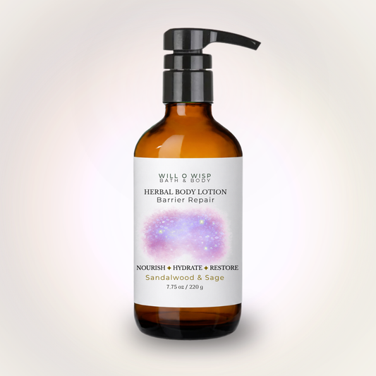 WILL O WISP BATH & BODY herbal body lotion in an amber glass pump bottle for barrier repair and deep hydration.