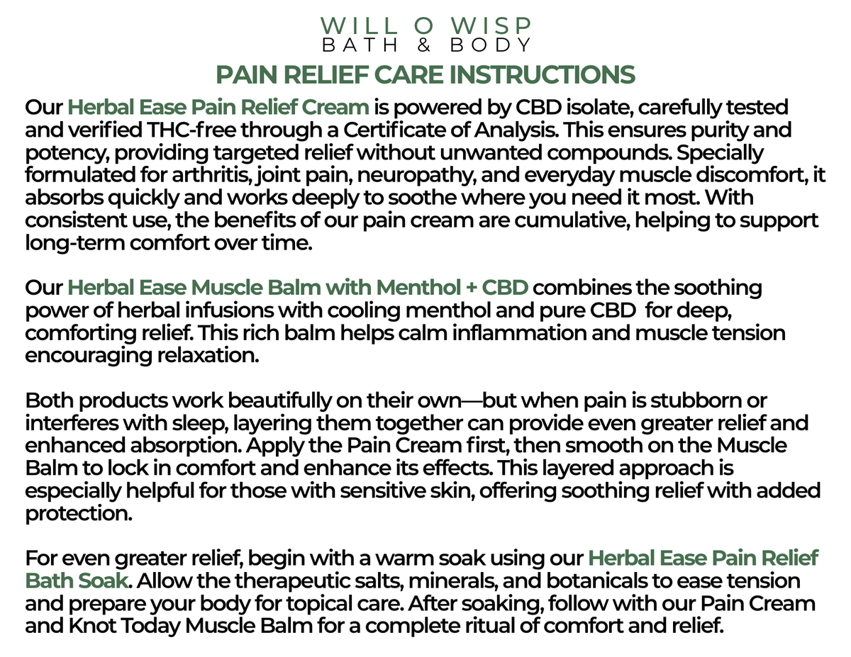WILL O WISP BATH & BODY Herbal Ease Bath Soak care instructions and product usage guide for pain relief
