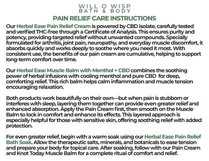 WILL O WISP BATH & BODY Herbal Ease Bath Soak care instructions and product usage guide for pain relief