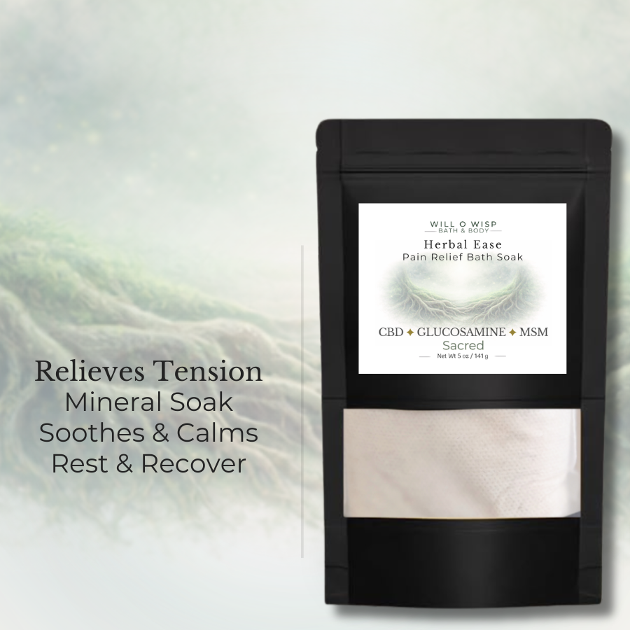 WILL O WISP BATH & BODY Herbal Ease mineral bath soak in a black pouch for muscle tension relief and recovery.