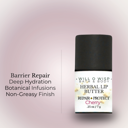 WILL O WISP BATH & BODY Herbal Lip Butter in Cherry scent, a botanical lip balm for deep hydration and barrier repair.