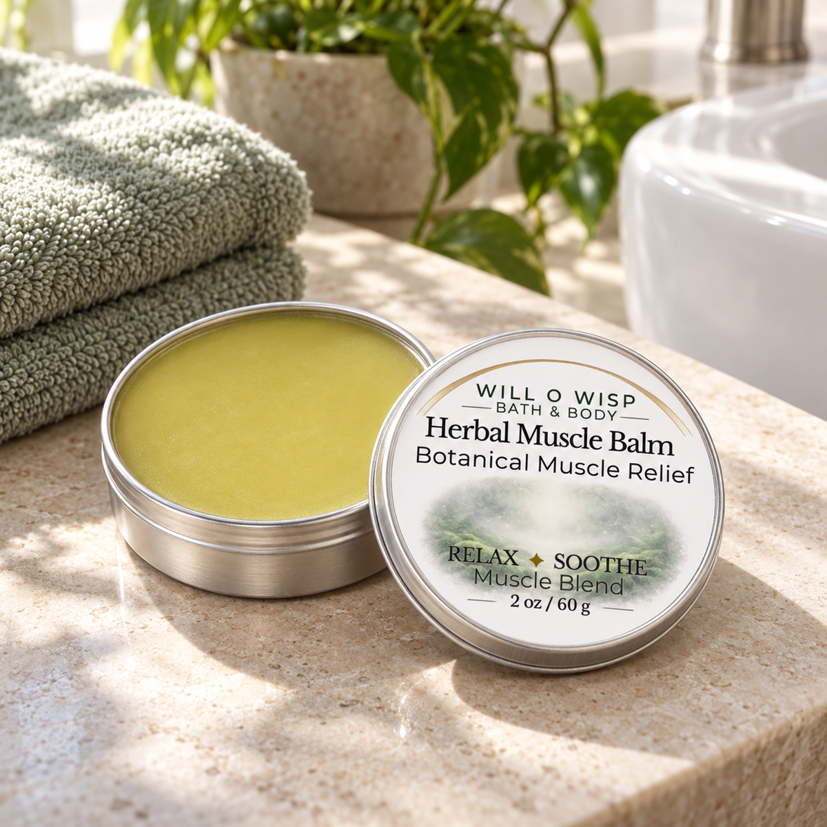 WILL O WISP BATH & BODY Herbal Muscle Balm in a silver tin with a green botanical balm, set on a stone countertop.