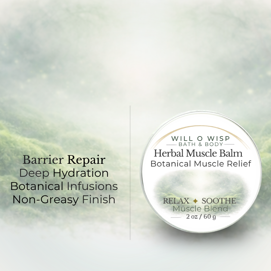 WILL O WISP BATH & BODY Herbal Muscle Balm in a 2oz tin, featuring botanical infusions for soothing muscle recovery.