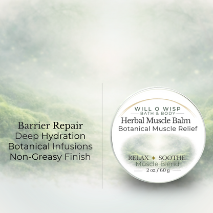 WILL O WISP BATH & BODY Herbal Muscle Balm in a 2oz tin, featuring botanical infusions for soothing muscle recovery.