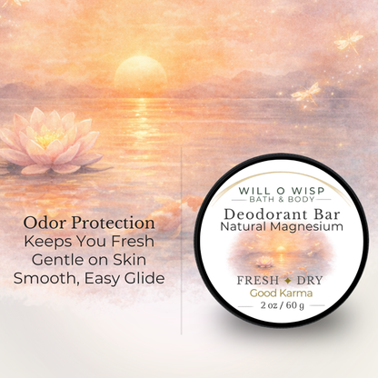WILL O WISP BATH & BODY Good Karma magnesium deodorant bar with a sunset lotus flower background design