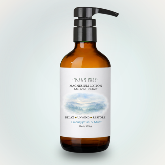 WILL O WISP BATH & BODY Eucalyptus & Mint magnesium lotion in an amber glass pump bottle for muscle relief.