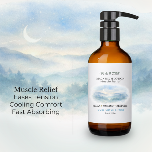 WILL O WISP BATH & BODY magnesium lotion in an amber pump bottle with eucalyptus and mint label for muscle relief