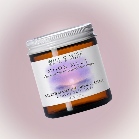 WILL O WISP BATH & BODY Moon Melt oil-to-milk makeup remover in an amber glass jar with a silver lid.