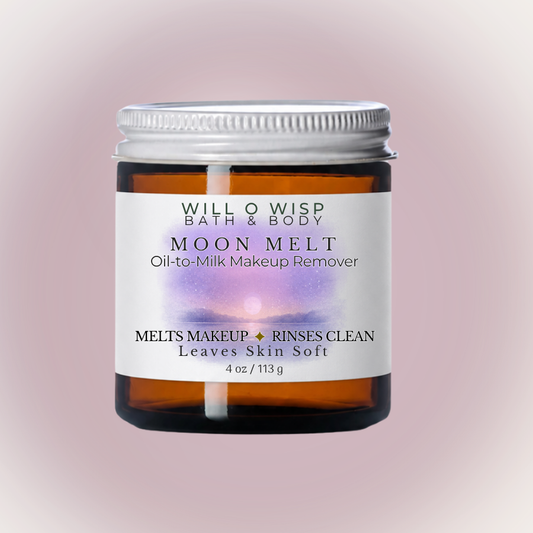 WILL O WISP BATH & BODY Moon Melt oil-to-milk makeup remover in an amber glass jar with a silver metal lid.