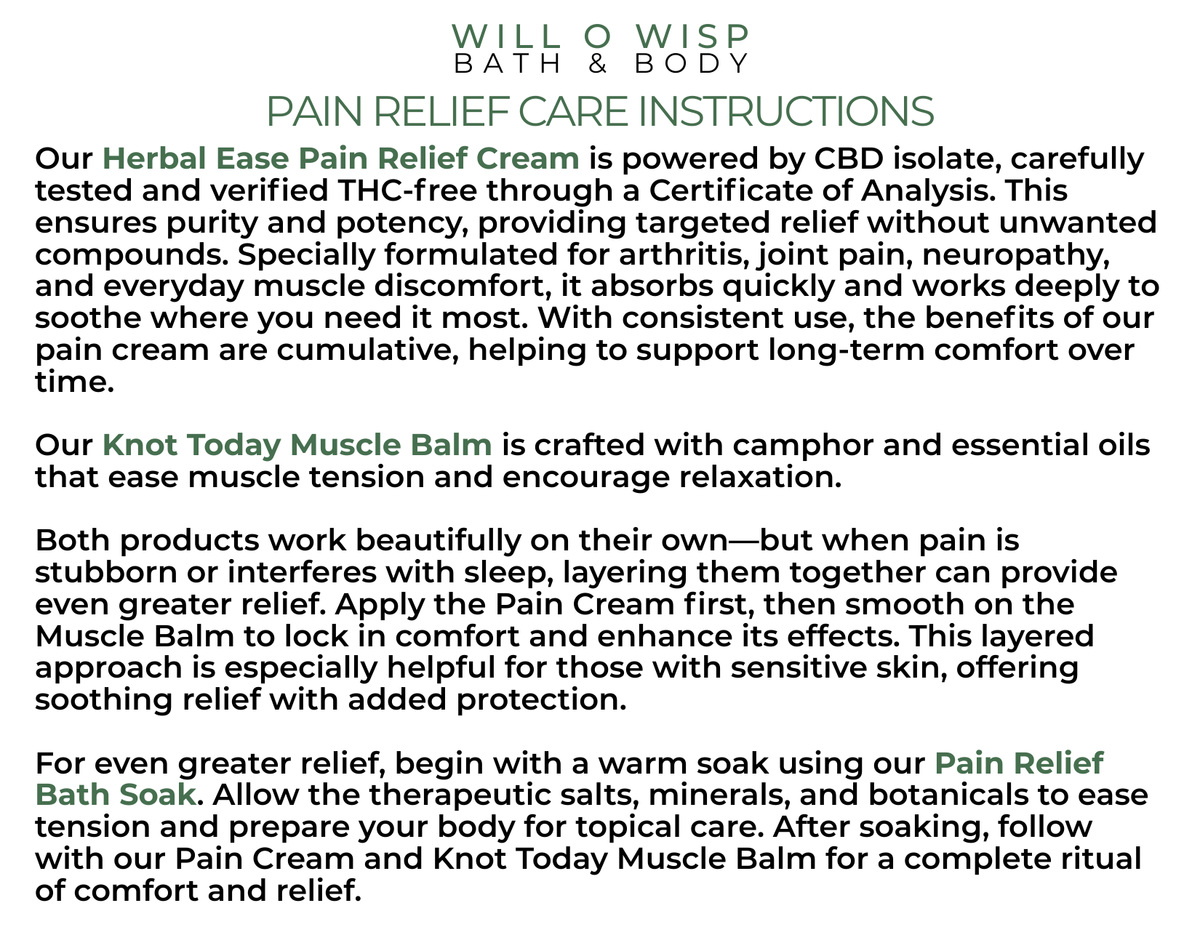 WILL O WISP BATH & BODY relief care instructions guide for muscle balm and cream application