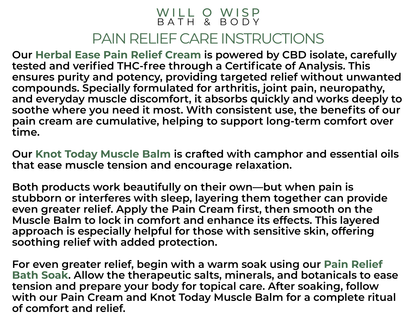 WILL O WISP BATH & BODY relief care instructions guide for muscle balm and cream application