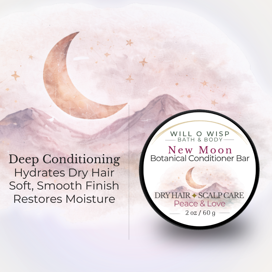 WILL O WISP BATH & BODY New Moon botanical conditioner bar for dry hair with moon and mountain illustration