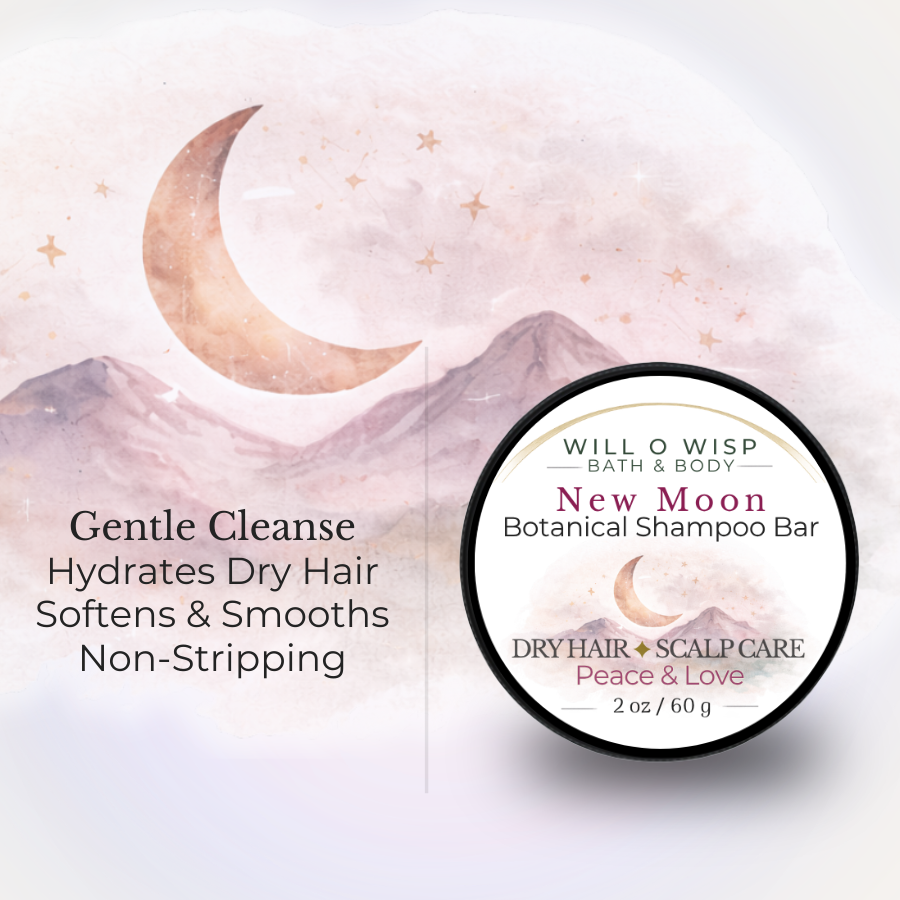 WILL O WISP BATH & BODY New Moon botanical shampoo bar for dry hair with a crescent moon and mountain illustration.