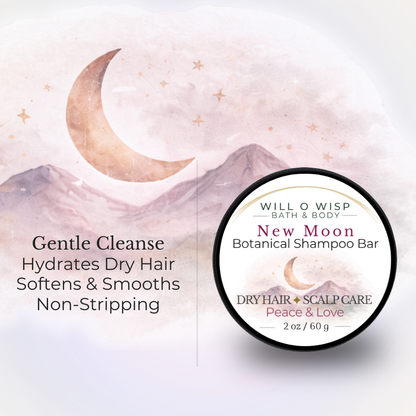 WILL O WISP BATH & BODY New Moon botanical shampoo bar for dry hair with a crescent moon and mountain illustration.