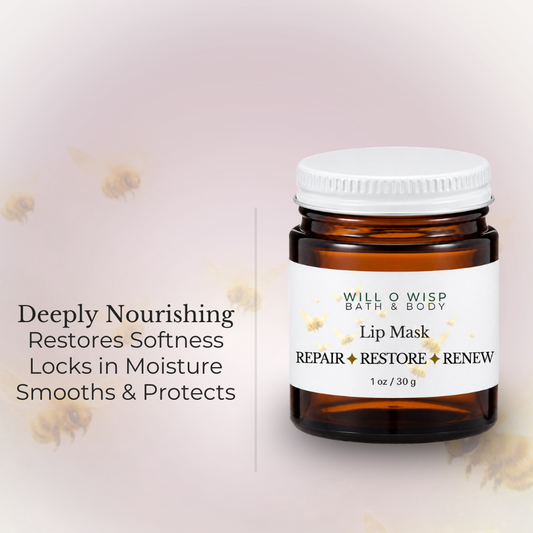 WILL O WISP BATH & BODY nourishing lip mask in an amber glass jar with a white lid, featuring bee-themed label art.